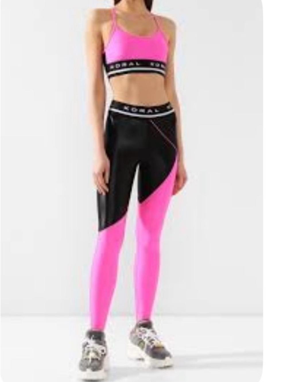 Koral Pink and Black High-Waist Colorblock Leggings & sports bra